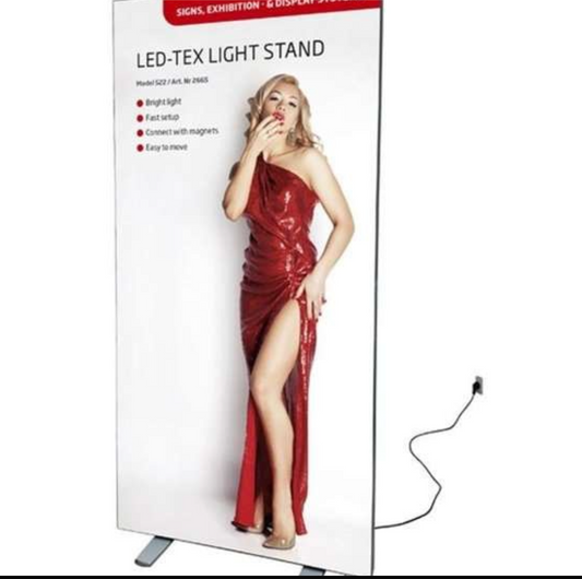 LED Textilspannrahmen mit Füßen – Doppelseitig beleuchtet 85x200cm | Aluminium, Silber eloxiert